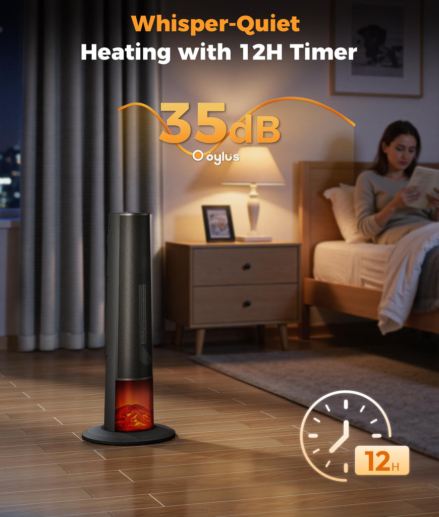 Tower Heater for Indoor Use - 25" Portable Space Heater with 3D Flame, Remote, Adjustable Thermostat, 2 Heat Modes
