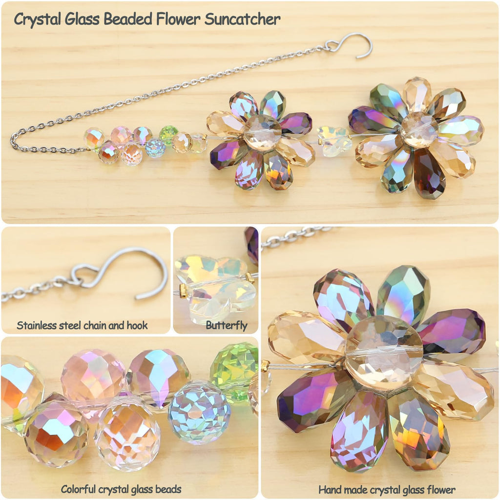 Crystal Flower Suncatcher Hanging Ornament, Window Indoor Outdoor Patio Garden Decor (Deep Multicolor)