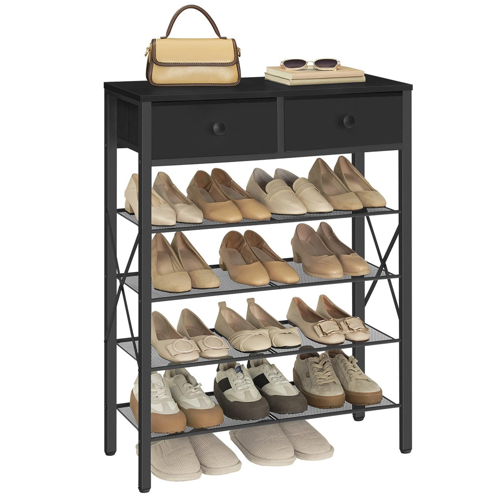 5 Tier Shoe Rack, Large Capacity Shoe Storage Organizer, Metal Shoe Shelf with Drawer and Wooden Top, for 20 Pairs of