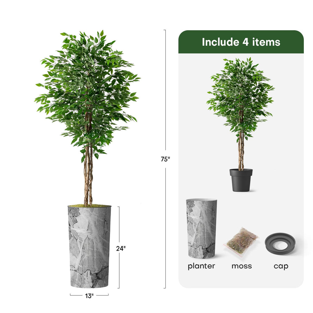 Artificial Tree in Modern Planter, Fake Ficus Silk Tree for Indoor and Outdoor Home Decoration - 75" Overall Tall