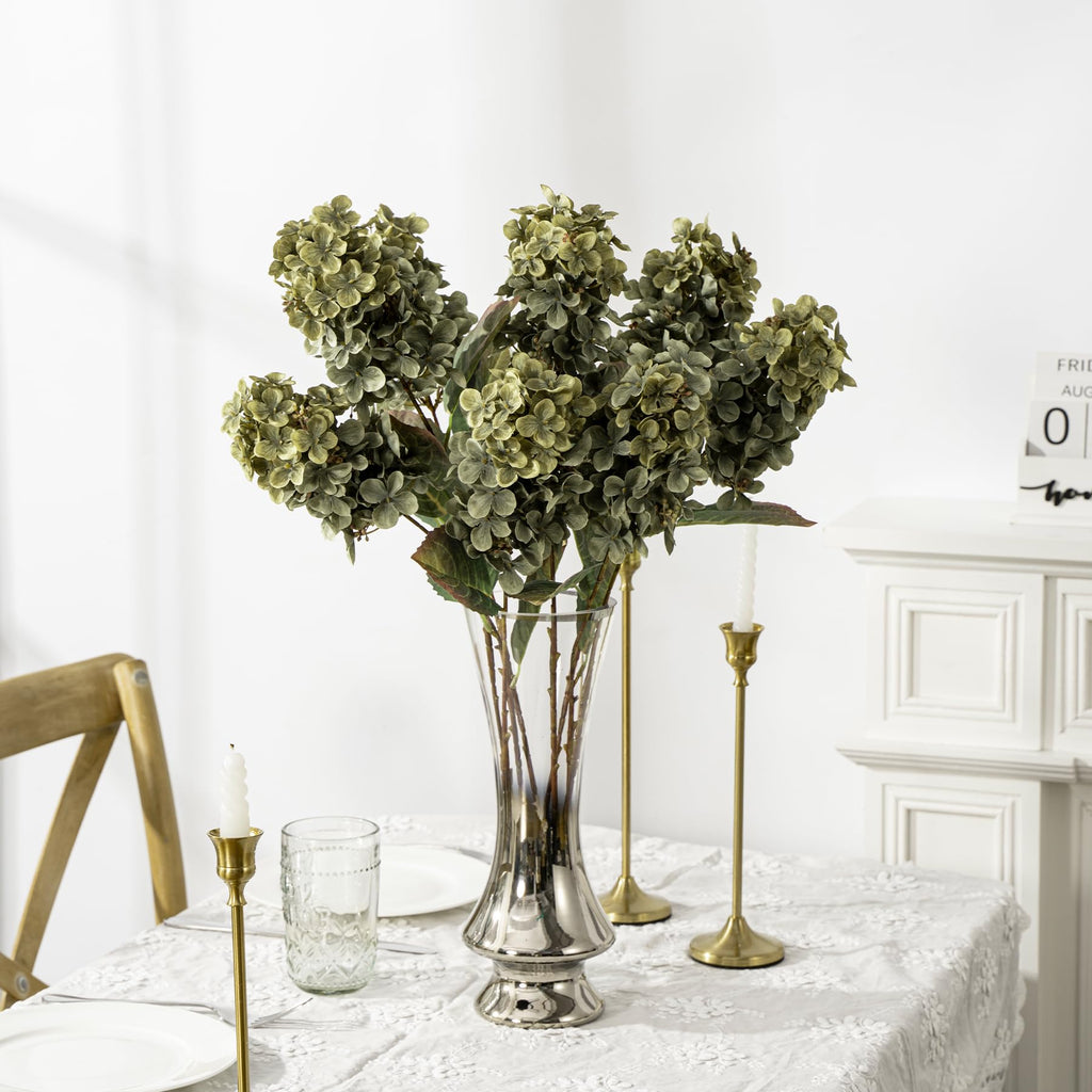 Green Hydrangea Artificial Flowers, Fake Fall Flowers Silk Hydrangea with Stems, Fall Faux DIY Floral for Table