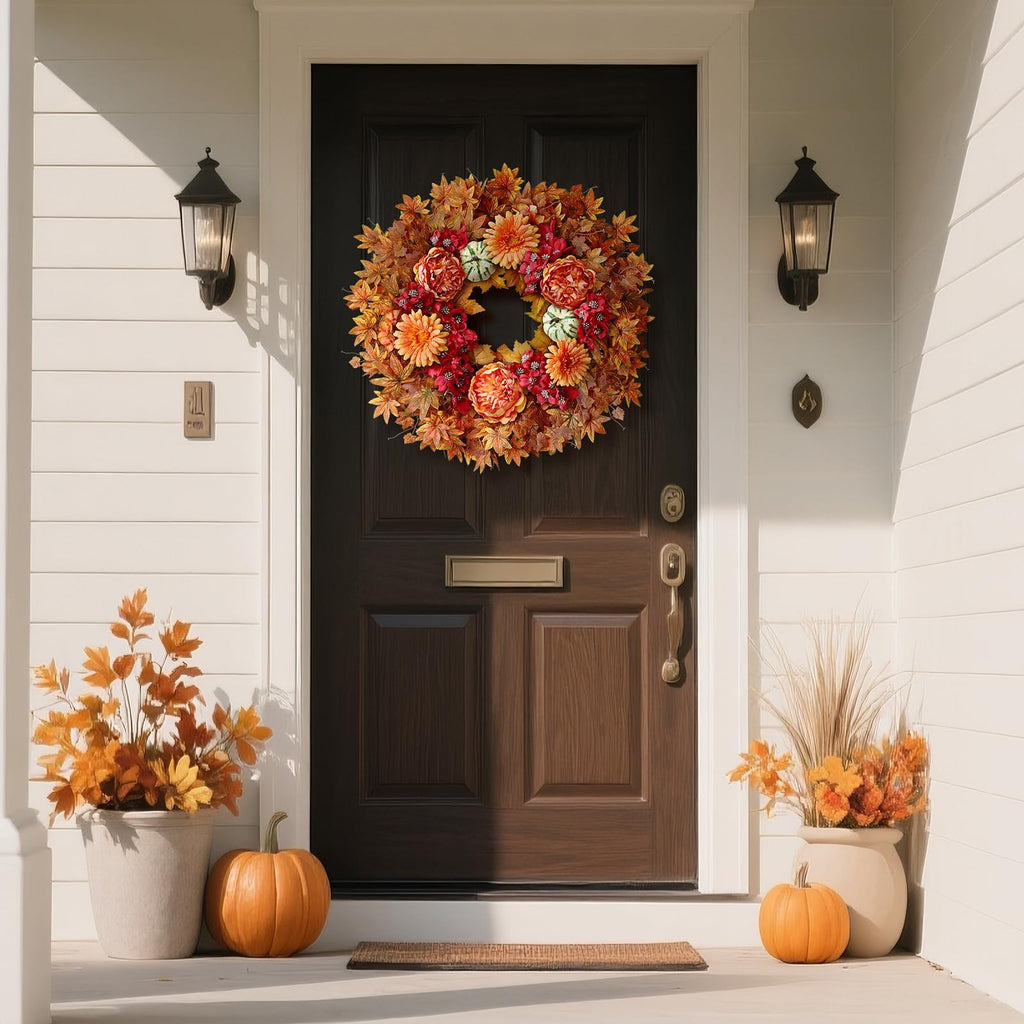 26" Artificial Fall Wreath, Silk Flowers Maple Leaf for Front Door (Orange)