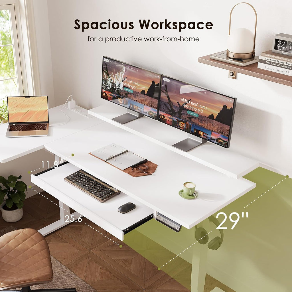 63 Inch Reversible L Shaped Electric Standing Desk, White | Monitor Stand, Keyboard Tray, Power Outlets, 3 Memory