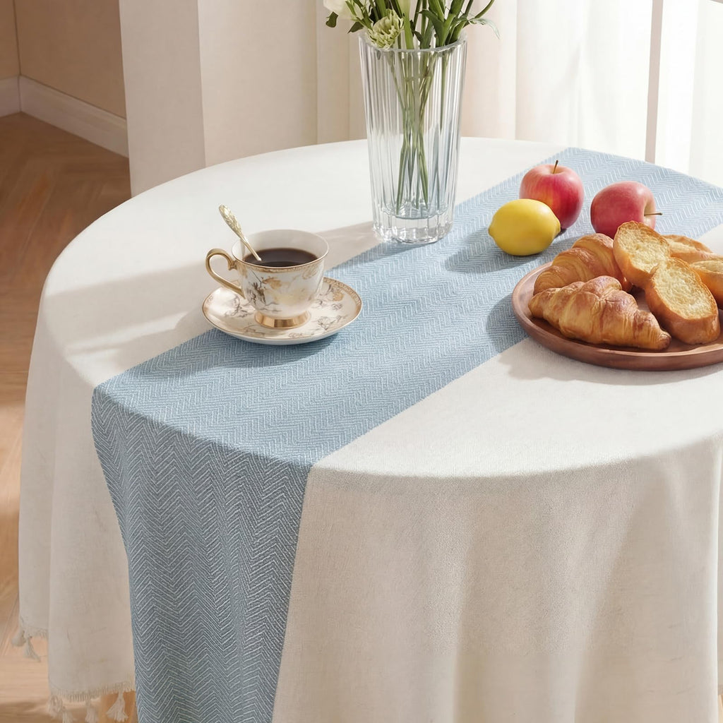 Outdoor Linen Round Tablecloth with Tassel, 55 x 55 Inch
