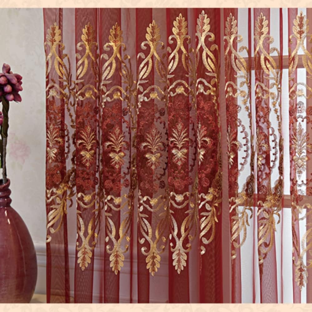 1 Pair European Jacquard Sheer Curtains for Living Room Bedroom Luxury Embroidered Tulle Curtains (Red,52x96 Inch)