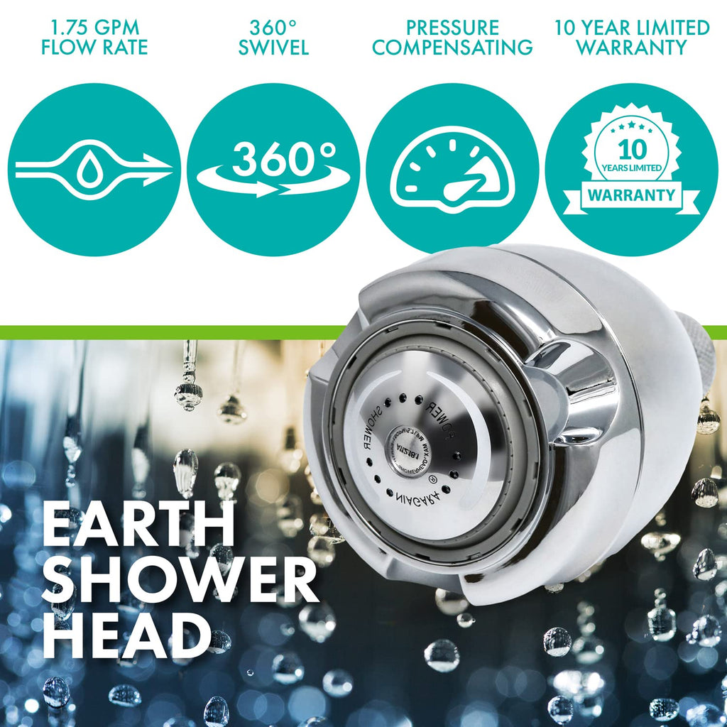 Earth Showerhead - Energy & Water Saving Showerhead (1.75 GPM) High-Efficiency 3-Spray Chrome Fixed Shower Head