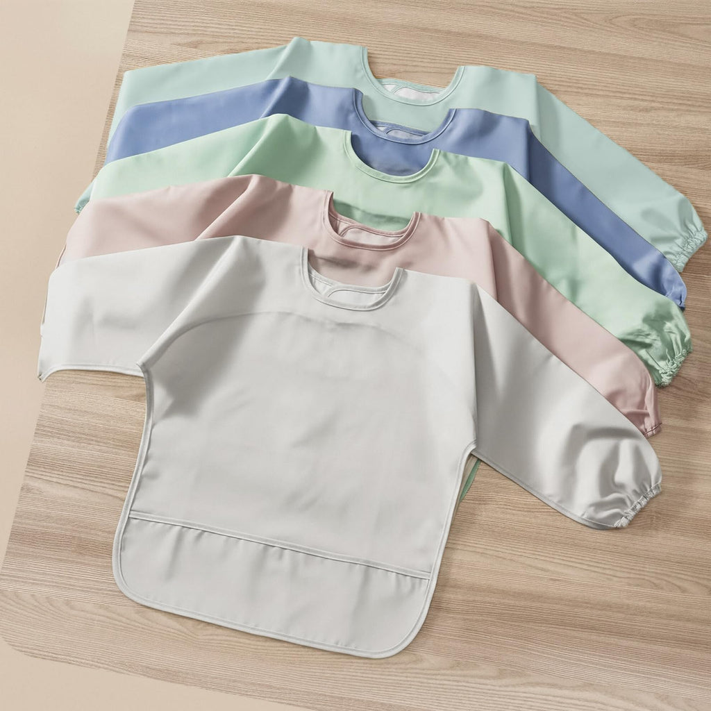 5 Pack Long Sleeve Bib, Reusable Bib with Catch-all Pocket, Waterproof Sleeved Smock for 6-30 Months Baby Boy or Girl