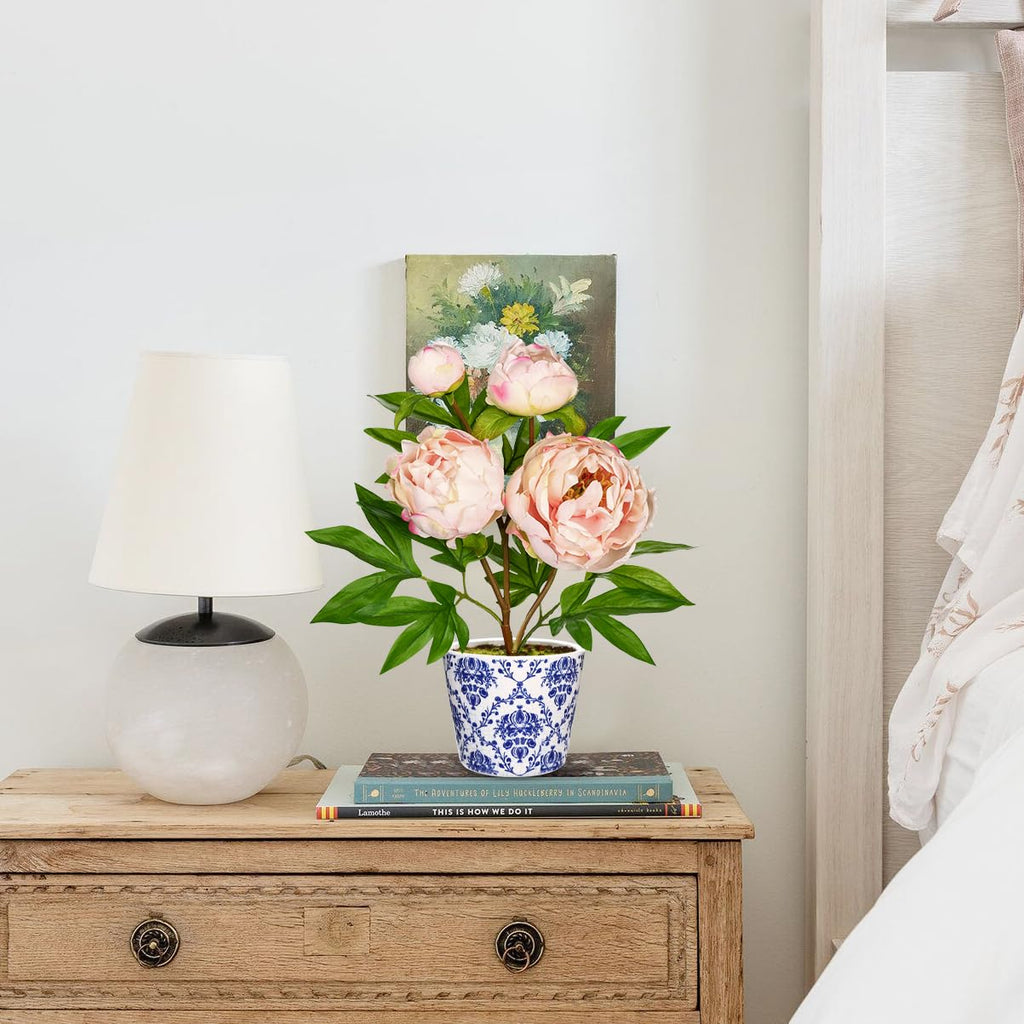 Faux Peony Flowers in Blue and White Ceramic Pot - 13.8" Realistic Silk Peonies Artificial Peony Floral Arrangement