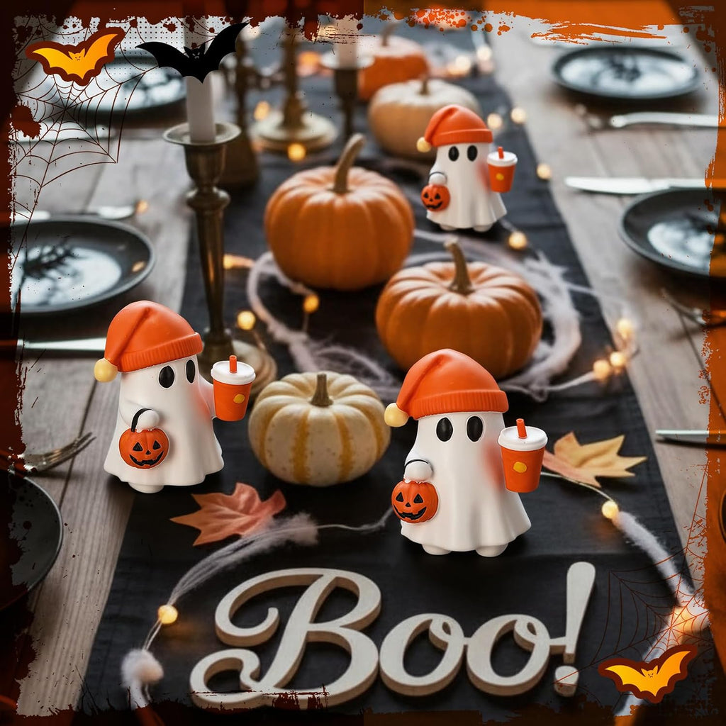 Cute Halloween Ghost Figurine with Pumpkin Bucket and Orange Drink
