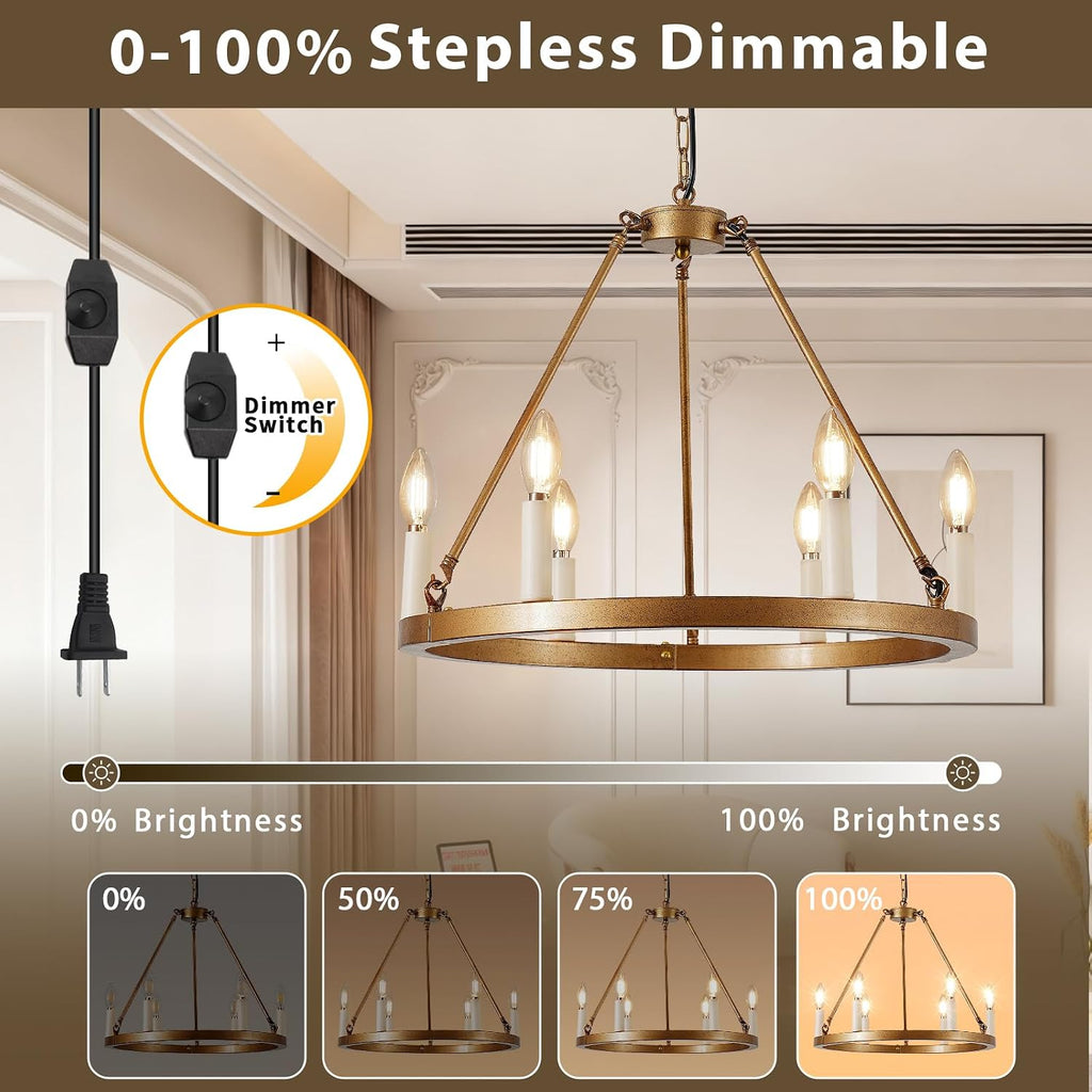 6 Lights DIMMABLE Plug in Wagon Wheel Chandelier, 20.5" Gold Rustic Hanging Lights with Long Cord