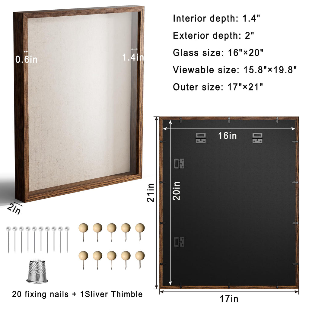 16x20 Large Shadow Box Picture Frame with Soft Linen Back, Brown Wooden Jersey Frame Memory Display Case with