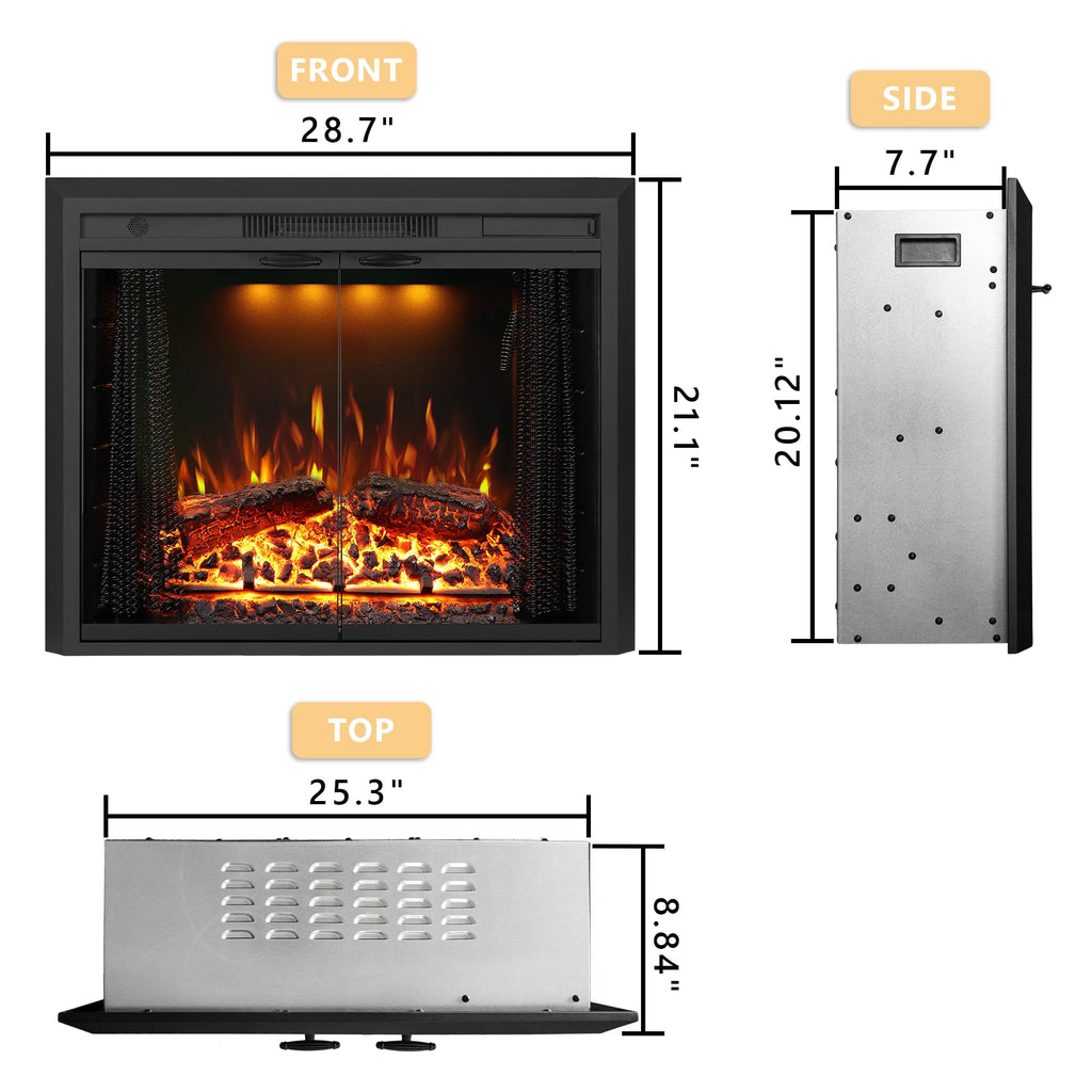 29" Electric Fireplace Insert Heater, Recessed Mounted Fireplace with Glass Door & Mesh Screen, Remote Control, Fire