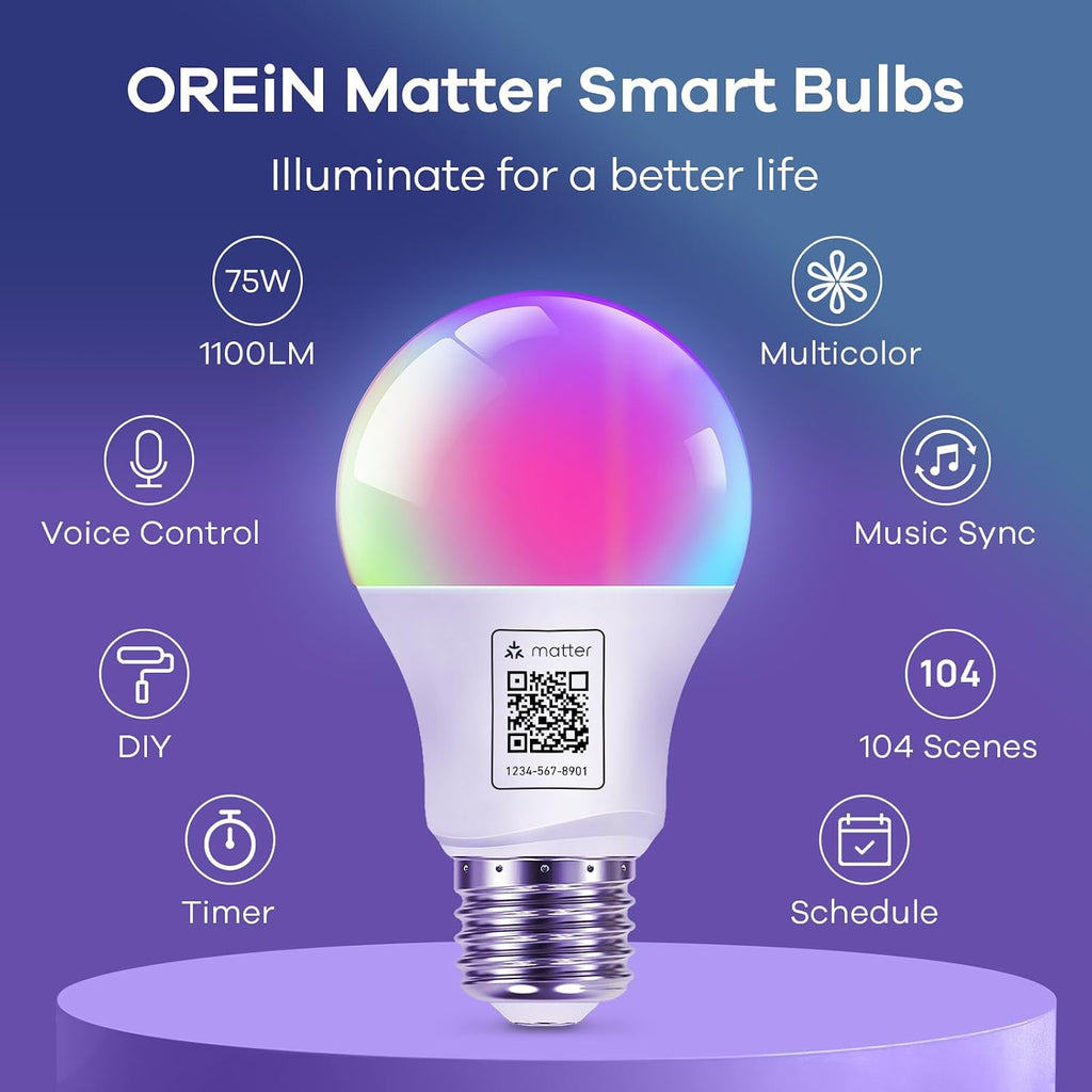 Matter Smart Light Bulb A19, Works with Alexa/Apple Home/Google