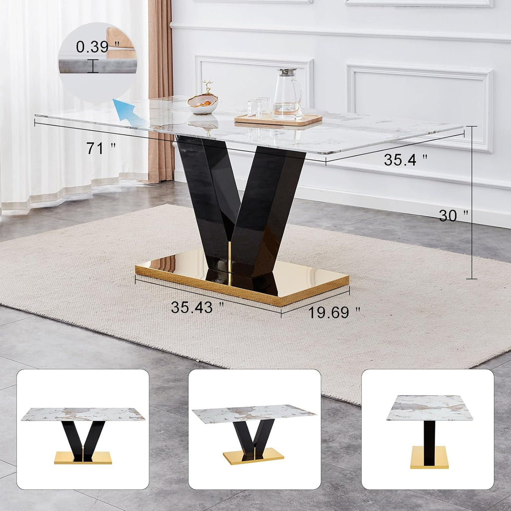 Marble Dining Table,Modern Dining Room Table with Golden Stainless Steel Base,Marble Kitchen Table for 8 People,71''