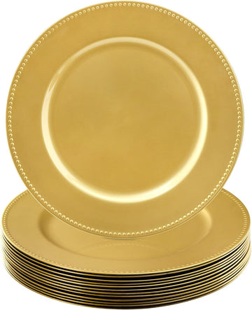 Plastic Gold Charger Plates, 13" Round Beaded Charger Plates for Wedding, Catering Event, Tabletop Decor - Set of 12