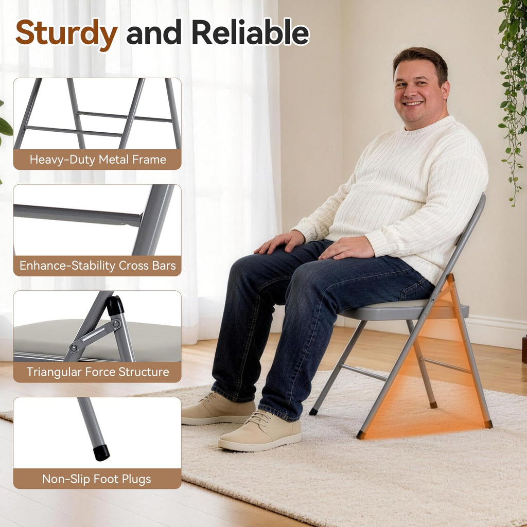 6 Pack Grey Folding Chairs with Padded Seats, 330lbs Capacity