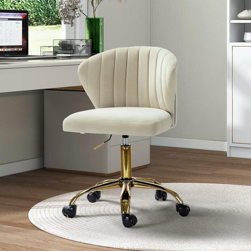 Office Desk Chairs with Wheels & Gold Base, Modern Velvet Cute Armless, Adjustable Low Back Swivel Rolling Chair