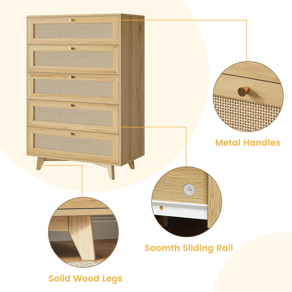 Rattan Dresser with 5 Drawer, Modern Double Wooden Tall Bedroom Dresser, Chest of Drawers with Metal Handle & Solid
