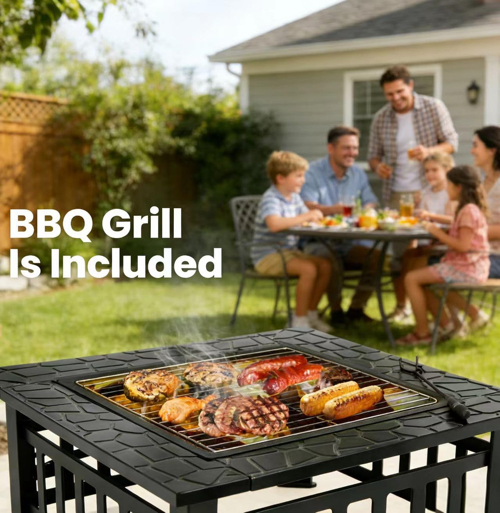 32 inch Outdoor Fire Pit with Grill for Outside Wood Burning, Square Metal Outside Fireplaces