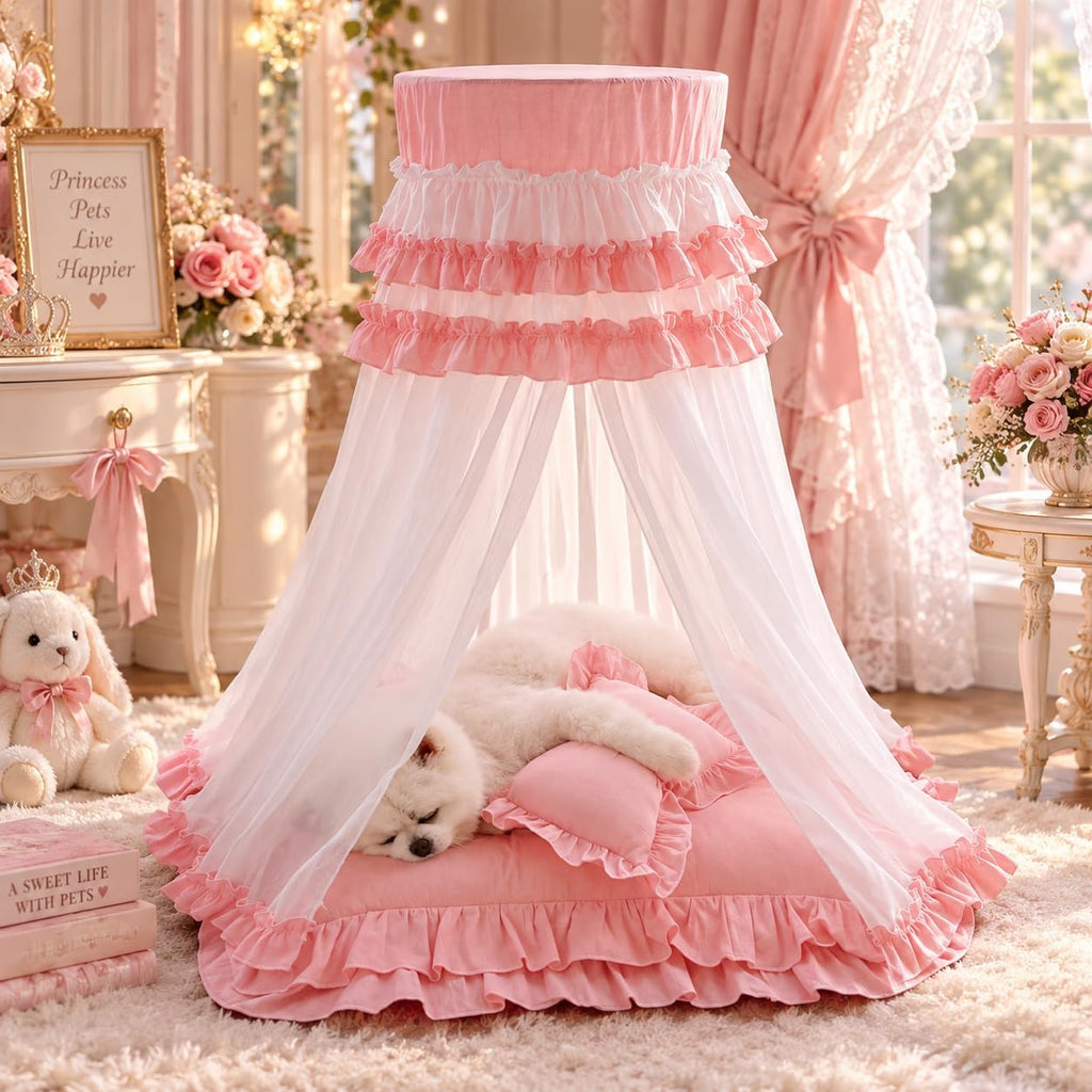 Pink Princess Canopy Pet Bed with Cotton Mat for Small Dogs and Cats