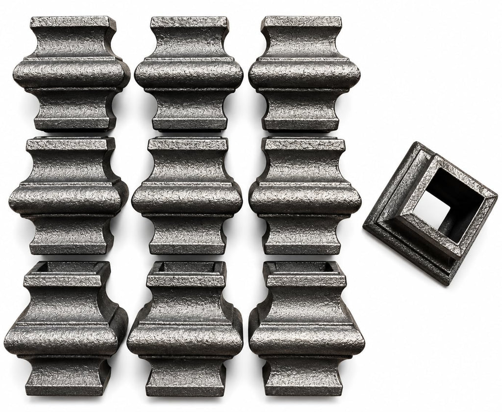 1" Inch, Cast Iron Square Baluster Collar Set, Decorative Gate Railing Hardware, Silver Gray, 10 Pack with Mounting