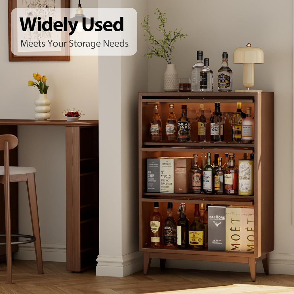 Solid Wood Storage Cabinet with Glass Doors, 3 Shelf Small Storage Cabinet, Mid Century Modern Bookcase, Kitchen