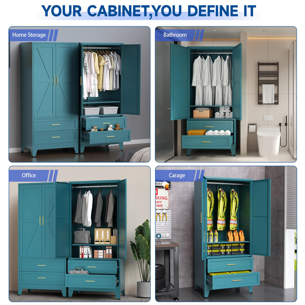 Steel Armoire Wardrobe Closet, 71" Metal Clothing Storage Cabinets with 2 Doors, 2 Drawers and 1 Adjustable Shelf