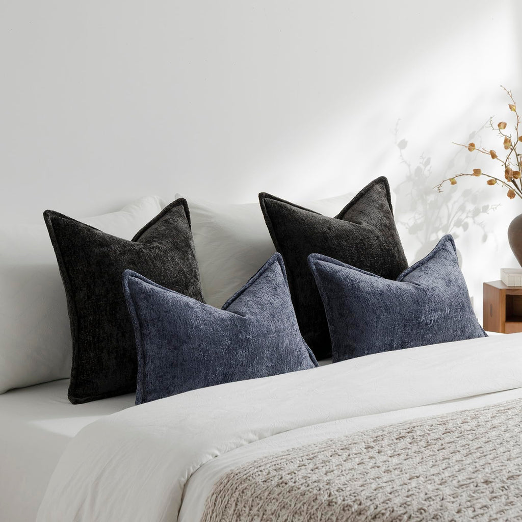 Pack of 2 Black Decorative Throw Pillow Covers 18x18 Cozy Soft Chenille Accent Vintage Square Couch Pillow Covers