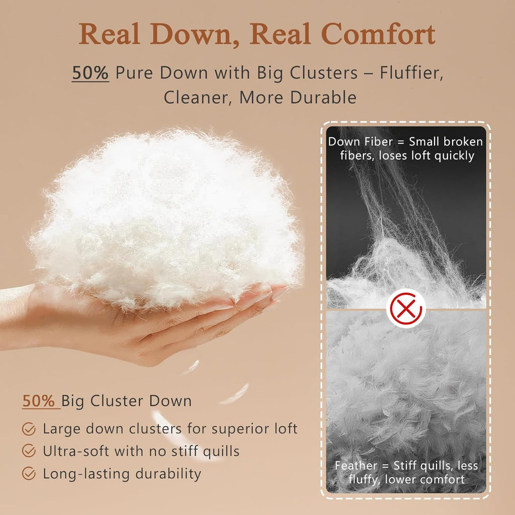 Luxury King Down Comforter, 50% Real Down Filled, Ultra-Soft Cotton Blend, Medium Weight for All Sea