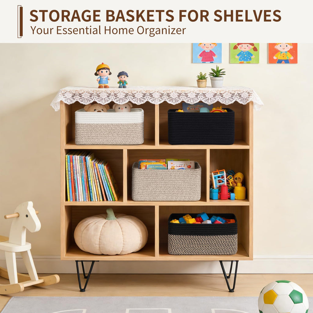 4 Pack Storage Baskets for Organizing Shelves, Black & Jute