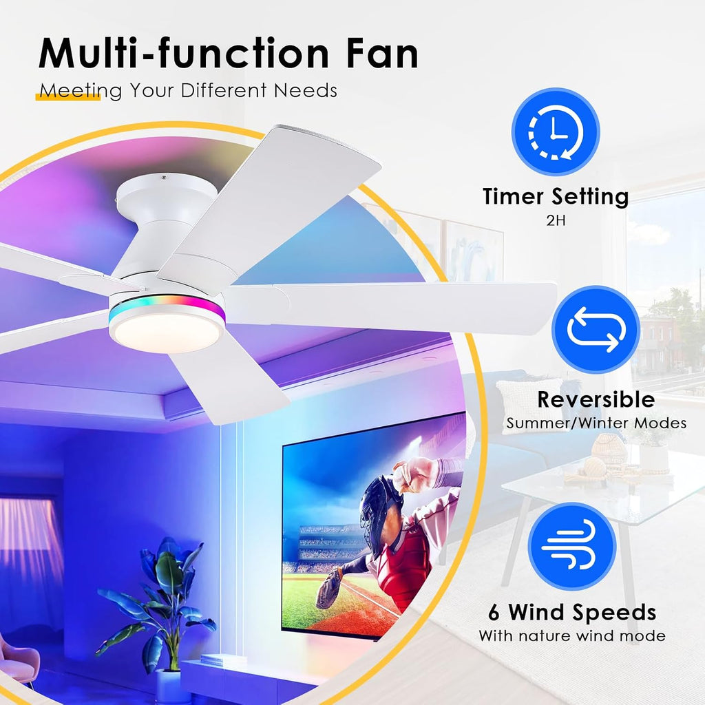 52" Flush Mount RGB Ceiling Fans with Lights - White Low Profile Ceiling Fan Light with Remote/APP, RGB+3CCT 6 Wind Speeds and Reversible, Modern Fan Light Fixture for Party, Kiad's Room A101-B0DTH6C8CD