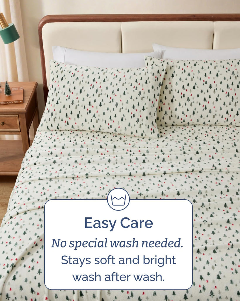 Fleece Sheets King Size Set - 4-Piece Velvet Flannel Sheet Set - Trees