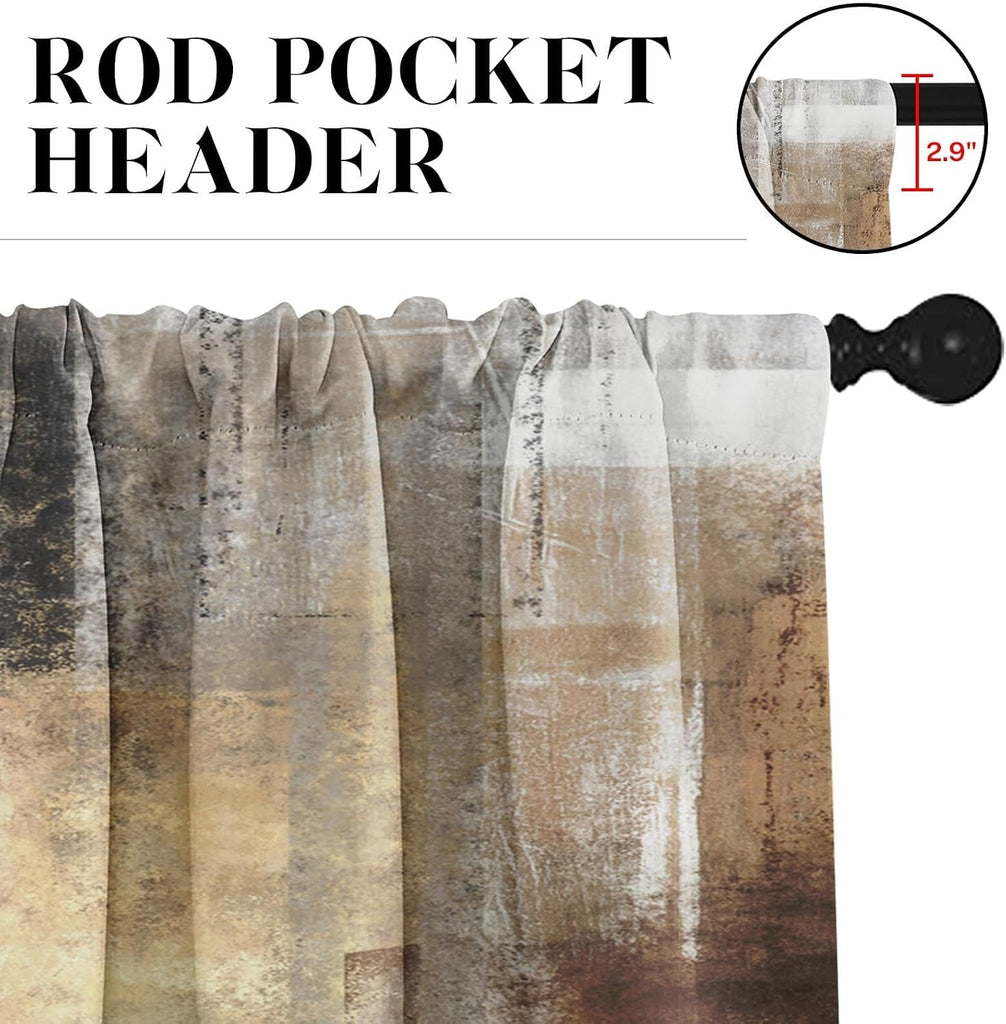 Brown Kitchen Window Curtains Valance and Tier Set 36 Inch, Grey Beige Modern Rod Pocket Short Tier Curtain, Abstract