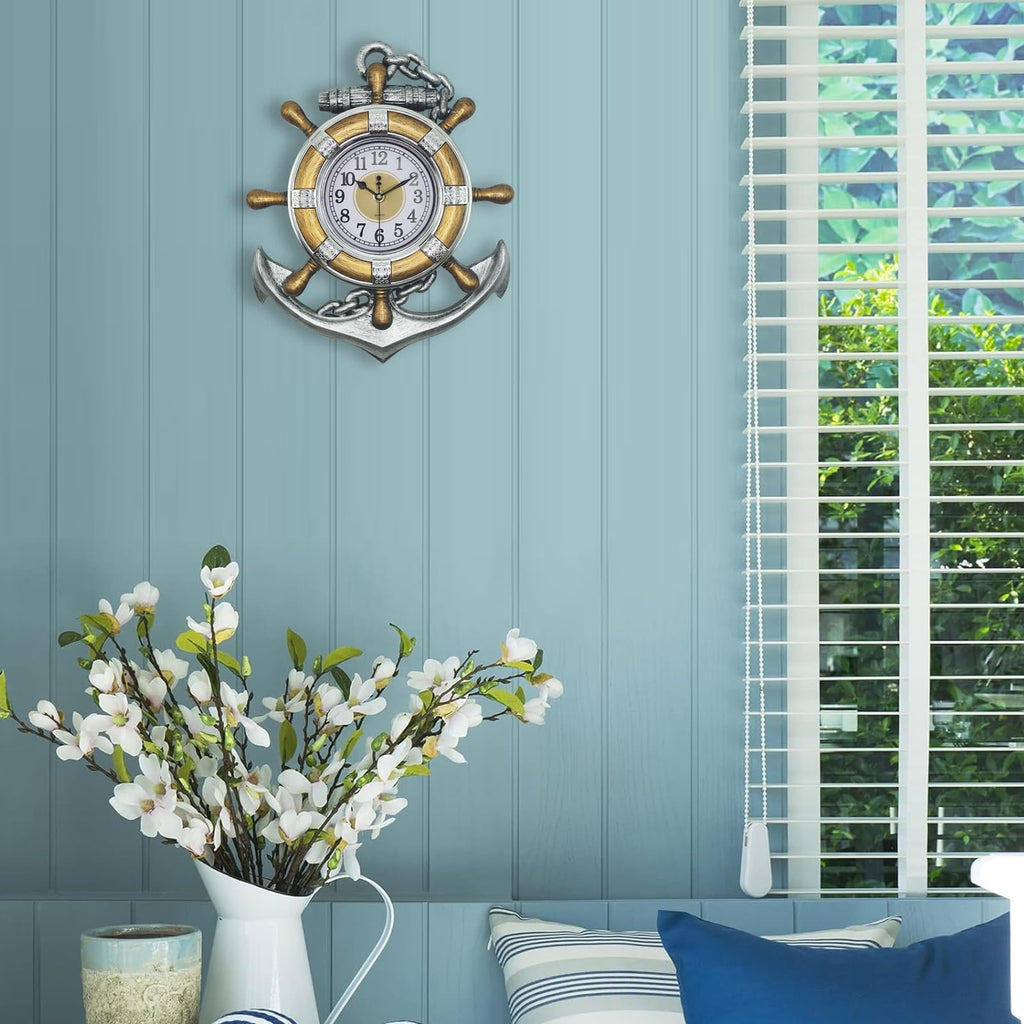 Anchor Outdoor Clock, Nautical Ship Wheel Rudder Decorative Wall Clock