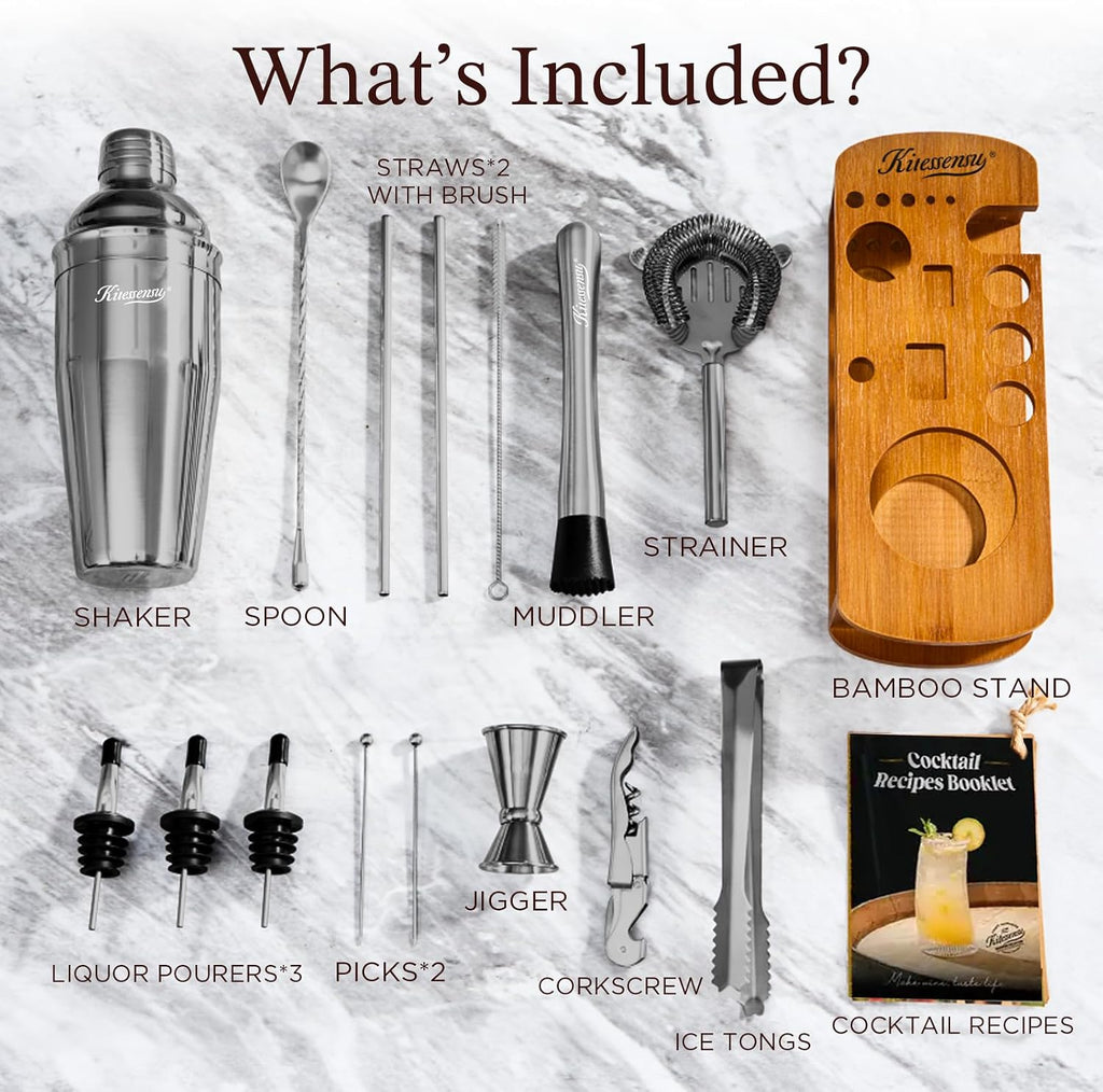 Cocktail Shaker Set Bartender Kit with Stand | Bar Set Drink Mixer Set with All Essential Bar Accessory Tools: - Set of 15