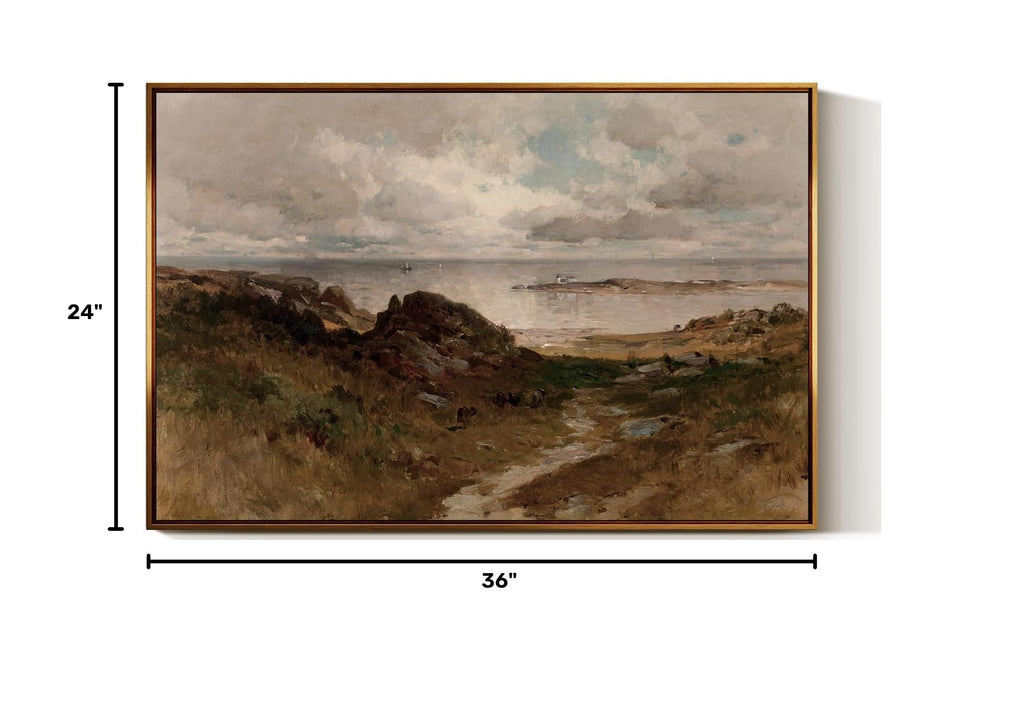 Golden Framed Vintage Canvas Wall Art A Bit of Massachusetts Coast Coastal Beach and Clouds Seascape 24x36 inch
