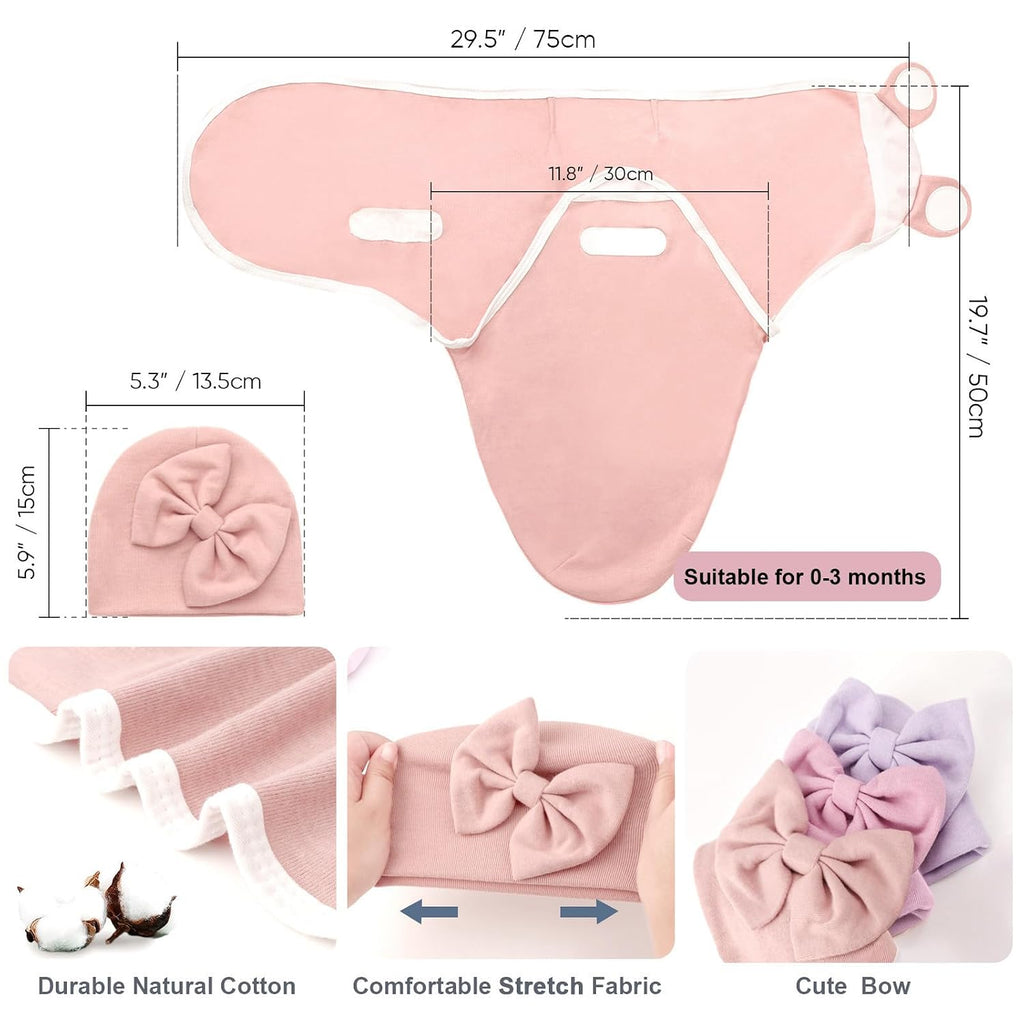 3 Pack Baby Swaddle Blanket with Hats Infant Adjustable Velcro Swaddling Wraps with Bear Ears Cap for 6-12