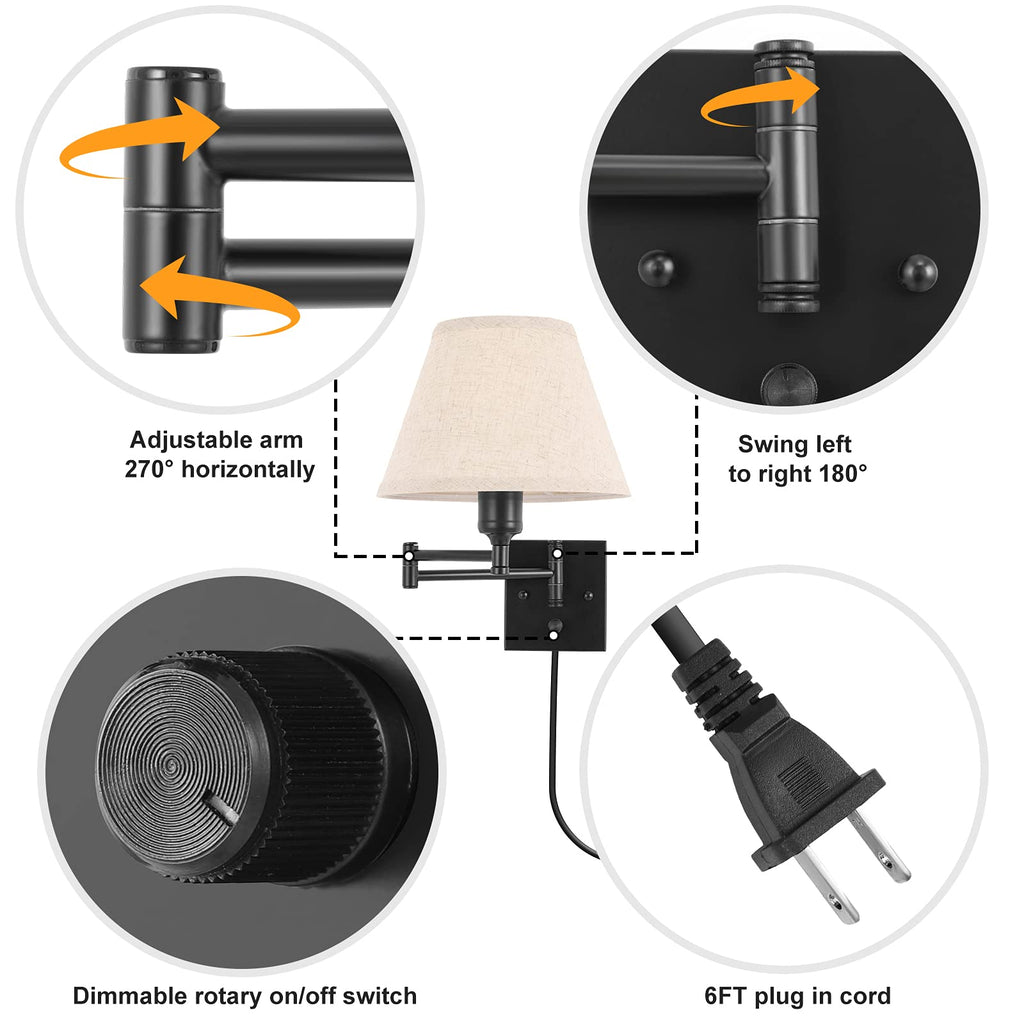 Wall Sconce Plug in, Dimmable Wall Sconces Set of Two Swing Arm Wall Lights with Plug in Cord and On/Off Dimmer