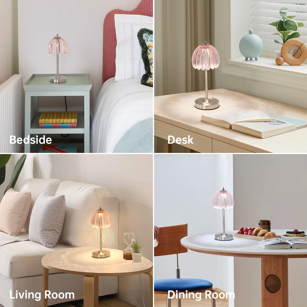 Tulip Table Lamp with 5200mAh Battery & Touch Control, Cordless Small Table Lamp with 3 Colors, Dimmable Rechargeable