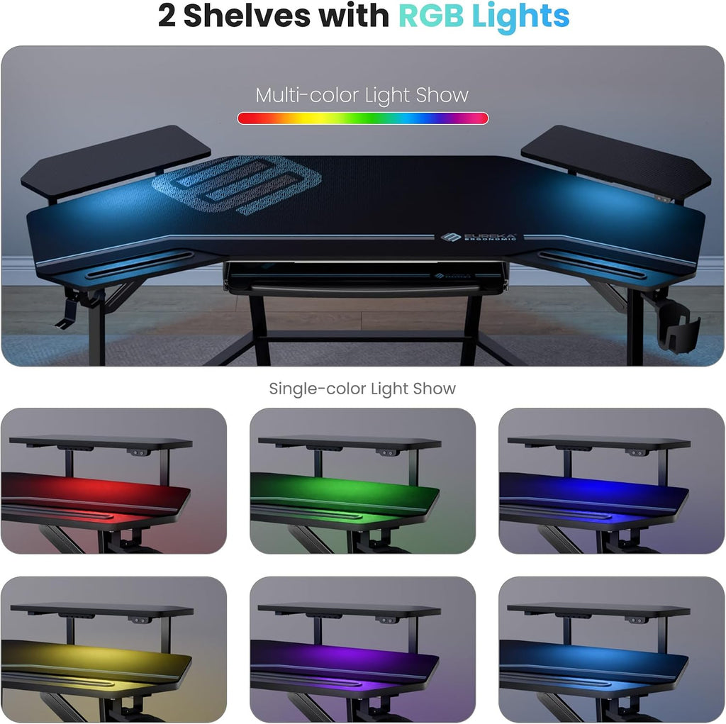 Gaming Desk Wing Shaped Keyboard Tray 72 Inch Black | LED monitor stand with dual headphone hooks and cup holder