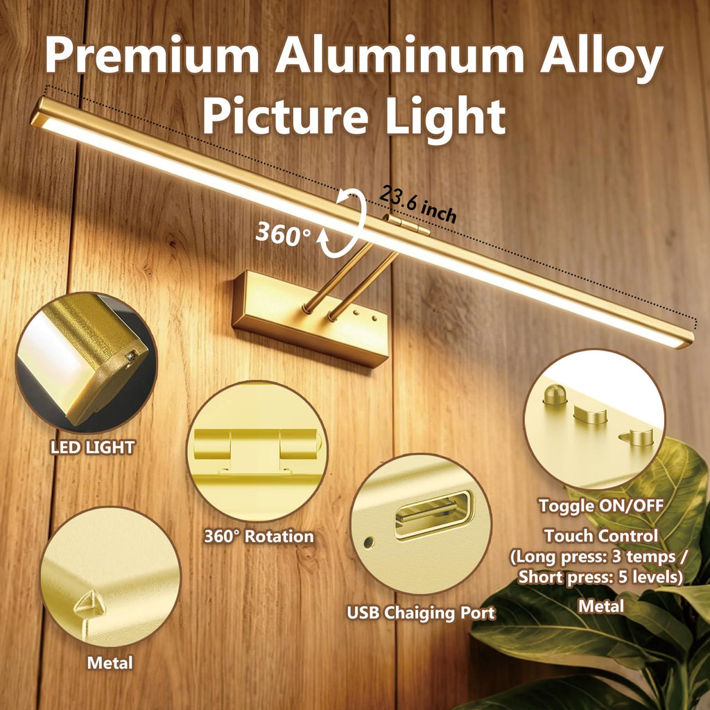 24" Wireless Picture Light, Dimmable Rechargeable Wall Light for Artwork