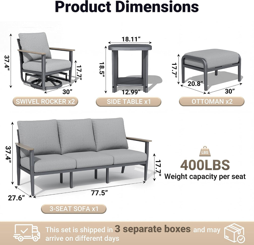 Aluminum Outdoor Patio Furniture Set with 5.1-Inch Cushions | 6-Piece: 3-Seat Sofa, 2 Swivel Rocking Chairs, Side