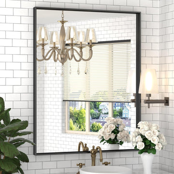 Brushed Metal Thick Frame Bathroom Mirror 24 x 30 Inch Metal Frame Black Rectangular Wall Mirror Matte Black Vanity