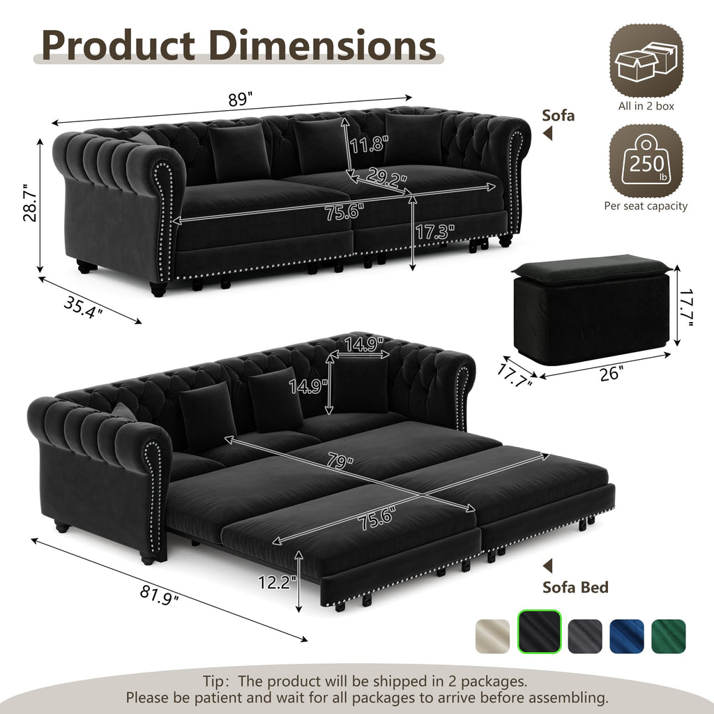 89" King Size Sleeper Sofa Bed, 3-in-1 Convertible Pull Out Chesterfield Sleeper Couch with Ottoman, Oversized Velvet