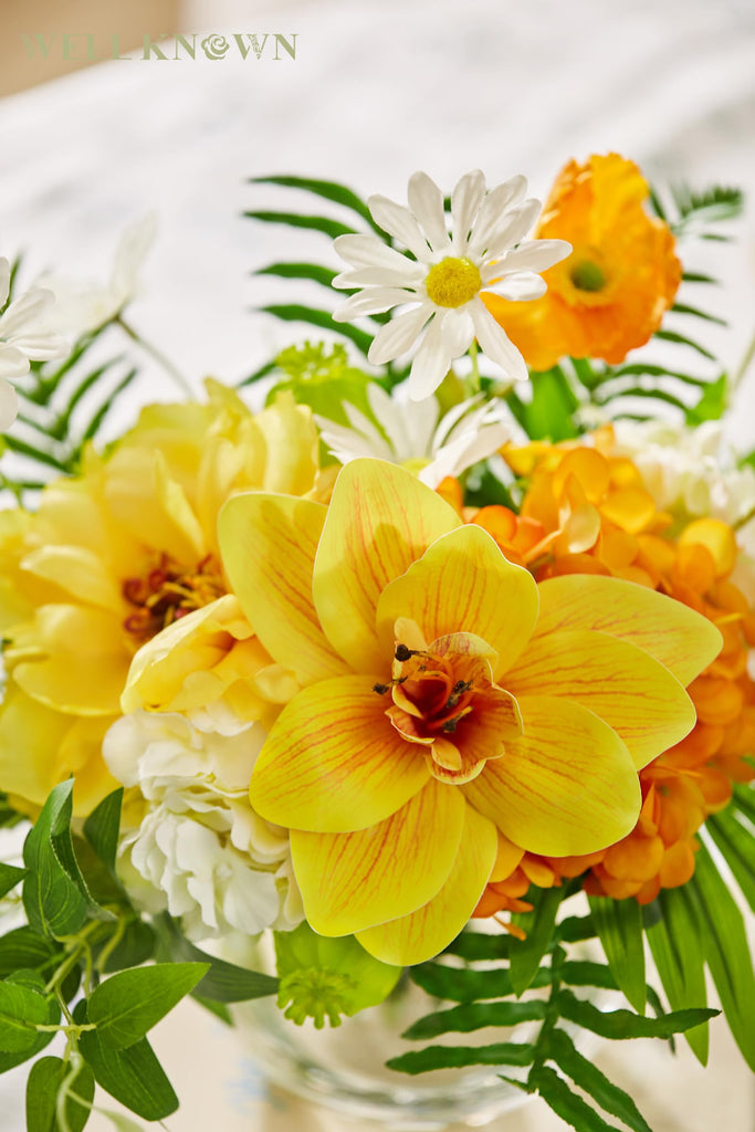 Artificial in Glass Vase for Dining Table Decor, Tropical Orange Orchid Flowers Bouquet Arrangement with Faux Water