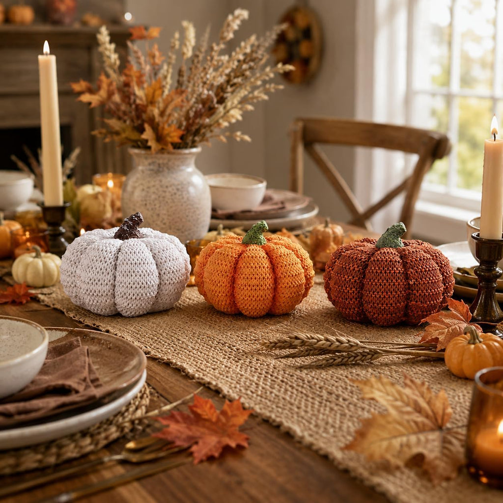 Fall Pumpkin Decor, Resin Pumpkins Figurines for Fall Decor, Rustic Knit Textured Pumpkins Fall Decorations - Set of 3
