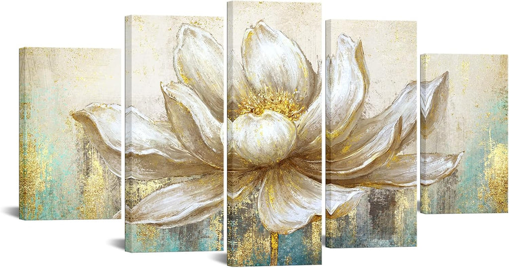 Large 5 Pieces Lotus Flower Blooming Wall Art Canvas Print Painting Modern Peaceful Still Life Artwork Zen Golden