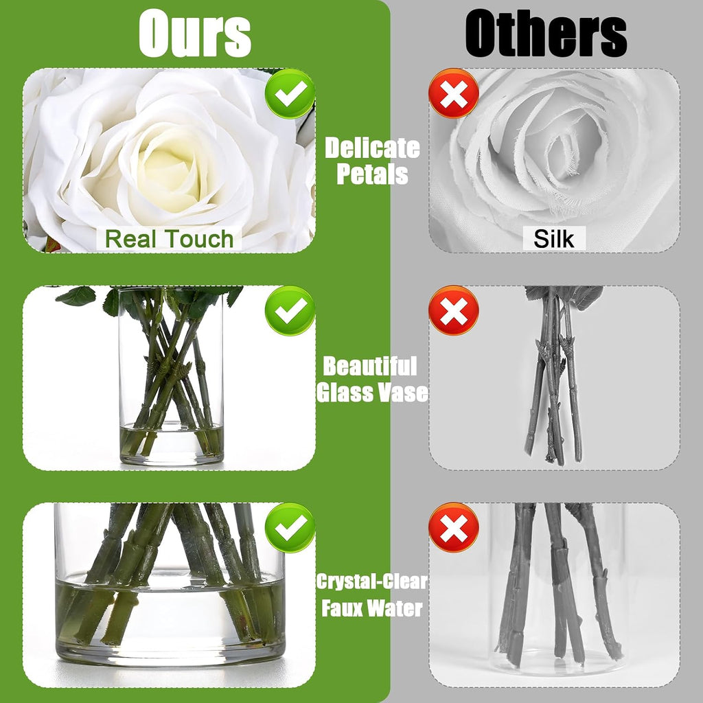 Luxury PU Fake Flowers in Vase with Faux Water, White Real Touch Roses Artificial Flowers with Glass Vase Home Dining