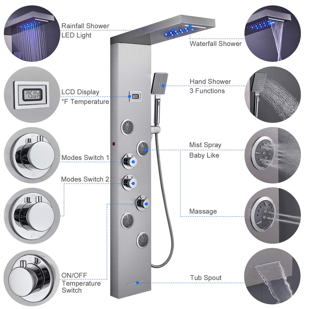 5-in-1 LED Shower Panel Tower System Stainless Steel Brushed Nickel