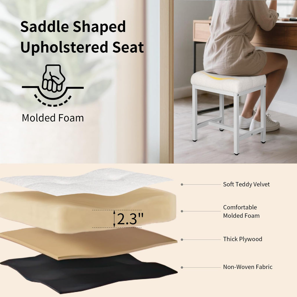 Vanity Stool, Saddle Seat Makeup Stool Chair with Metal Leg, U-Shaped Teddy Velvet Ottoman Foot Rest Stool, Small